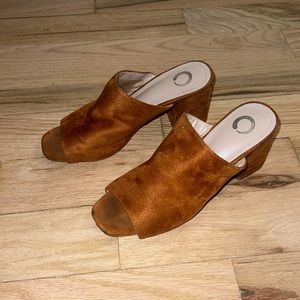 burnt orange open toe suede/velvet heels